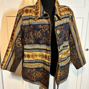 Allure 22/24 XL Tapestry Jacket Eclectic Blazer Top Striped Embroidery Blue Gold